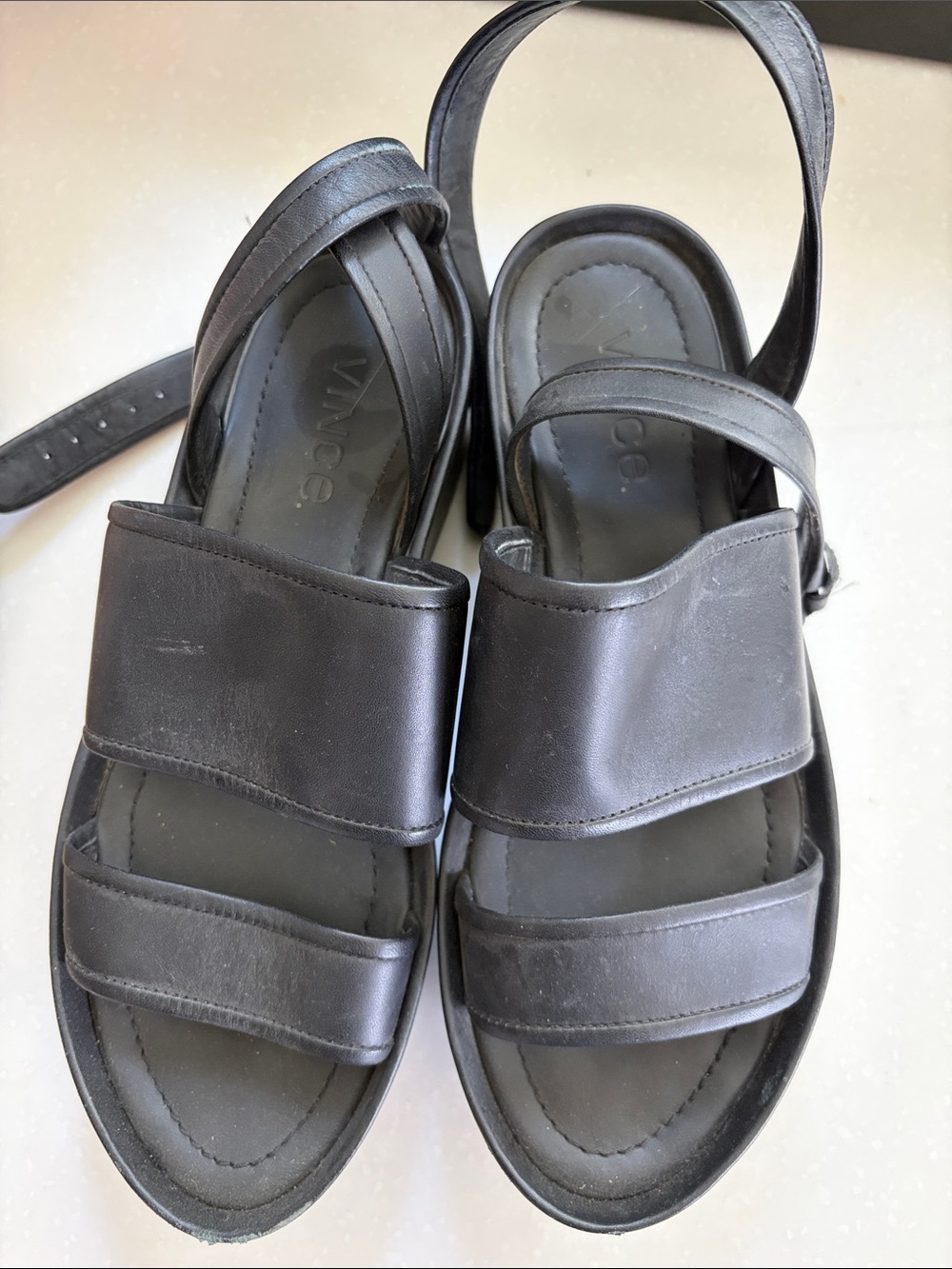 Vince Black Leather Double-Strap Slingback Sandals